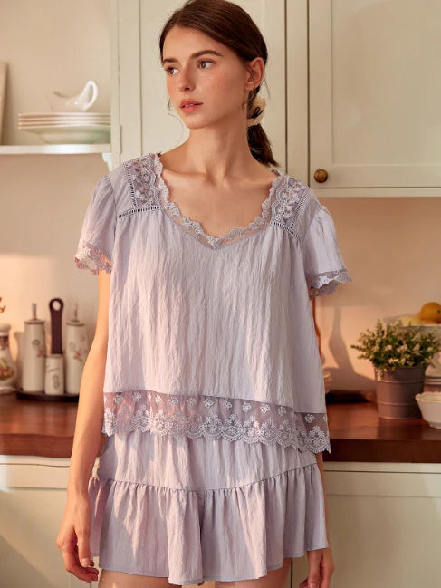 Lavender Lace Trim Two-Piece Loungewear Set