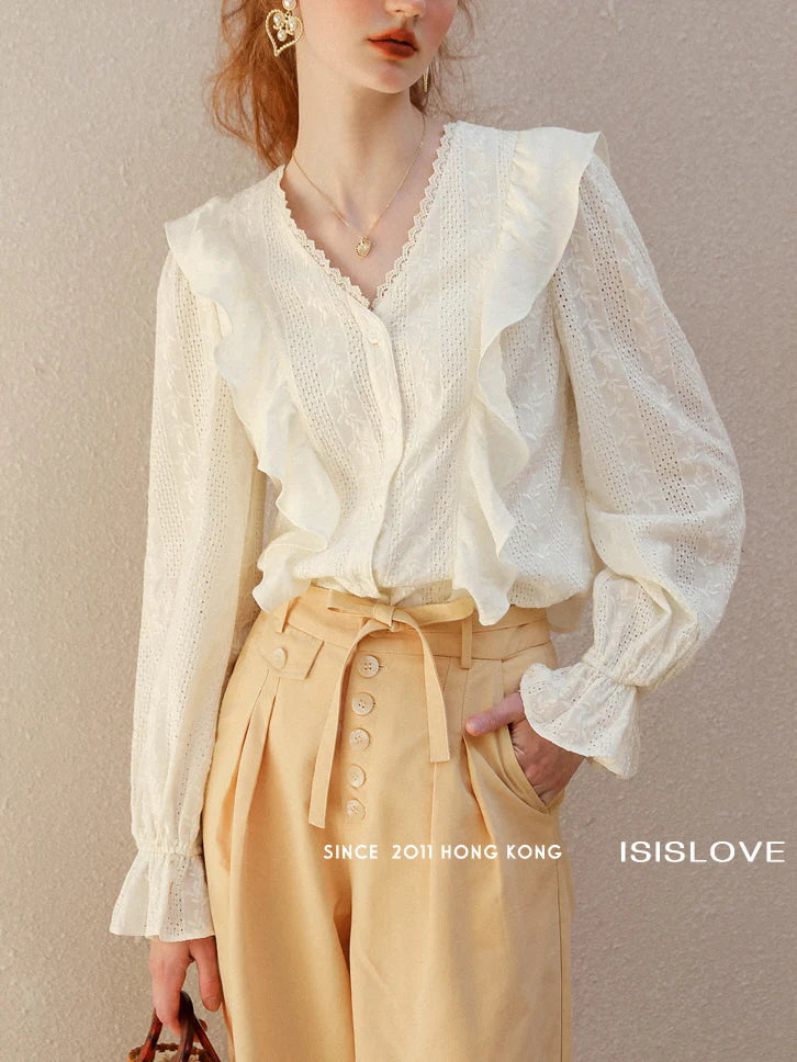 Romantic Lace-Trimmed Ruffle Blouse