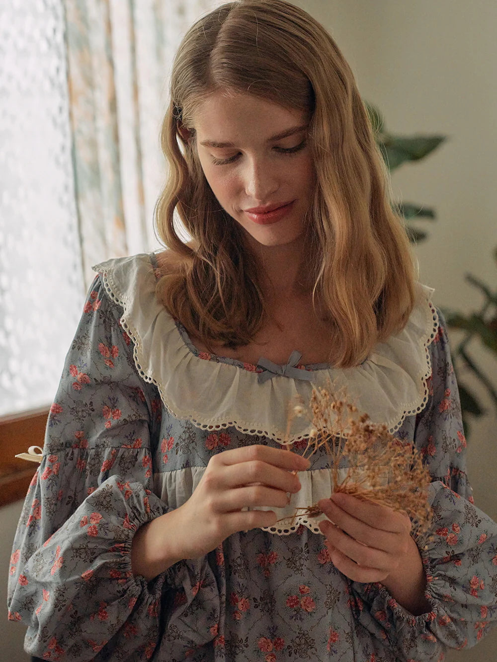 Whispering Blooms Lace-Trim Nightgown