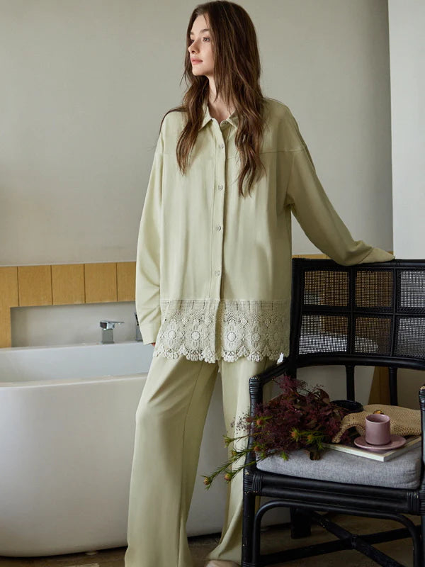Sage Green Lace Trim Pajama Set
