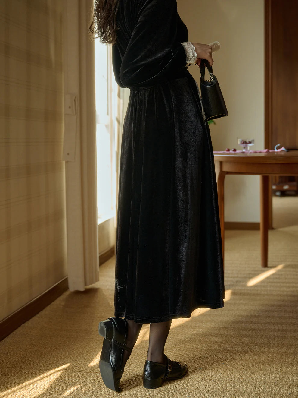 Midnight Velvet Lace-Trim Skirt