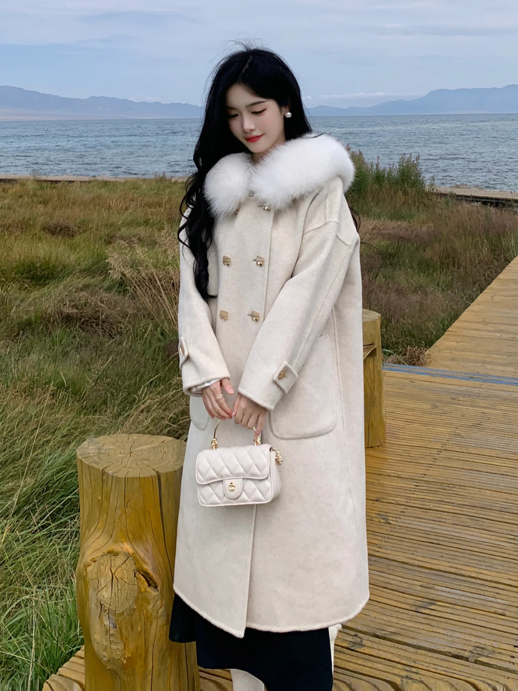 Fur Collar Wool Double-Breasted Coat