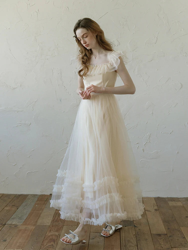 Ivory Tulle Ruffle Off-Shoulder Dress
