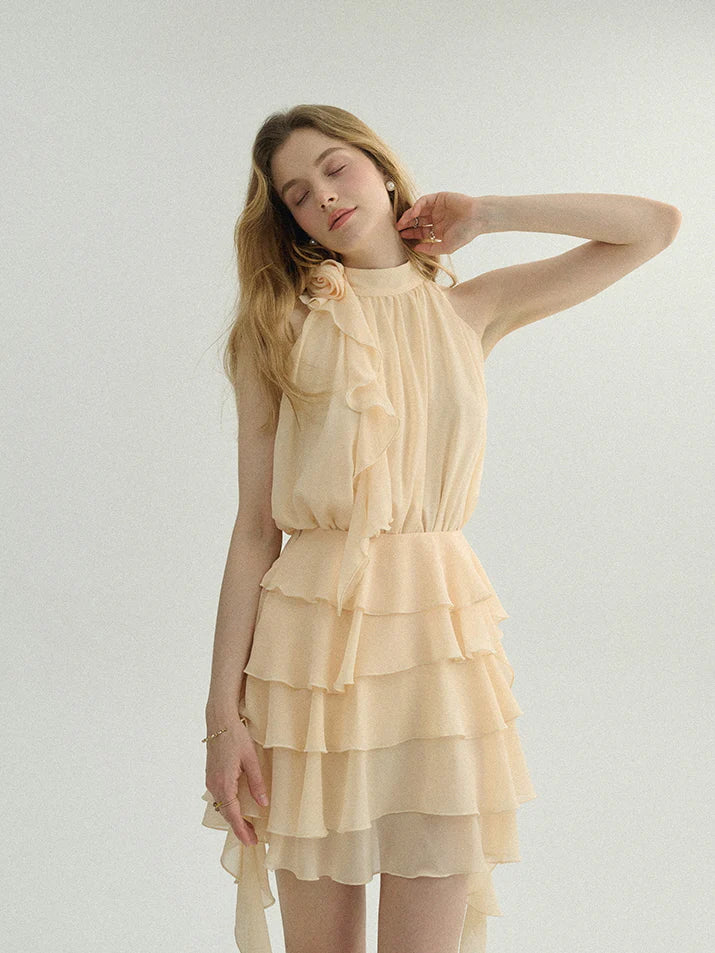 Ethereal Cream Ruffle Rose Halter Top