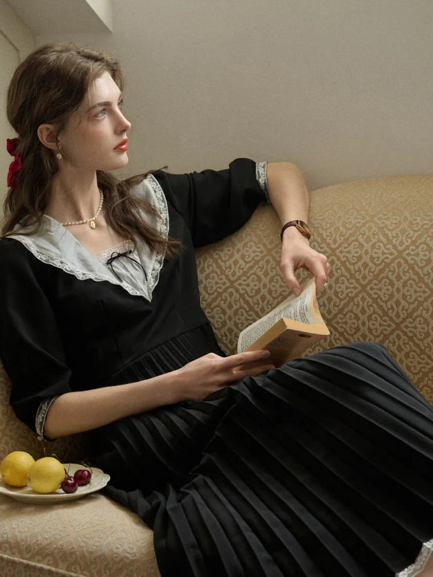 Lace Collar Pleated Black Dress