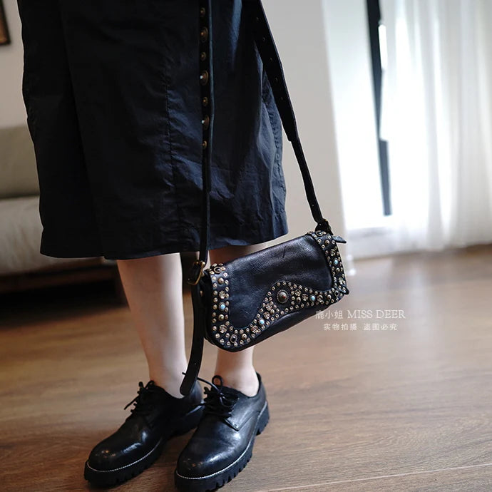 Studded Bohemian Genuine Leather Crossbody Bag