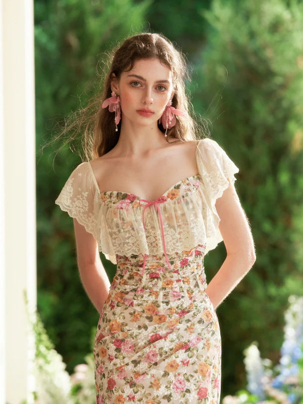 Floral Lace Off-Shoulder Corset Top & Skirt