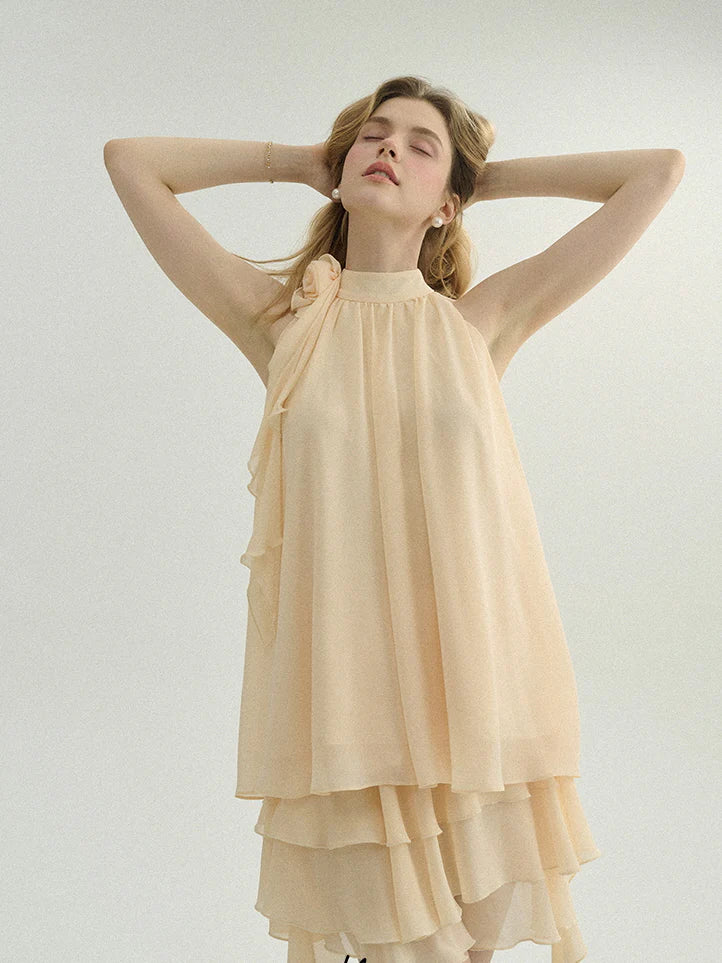 Ethereal Cream Ruffle Rose Halter Top