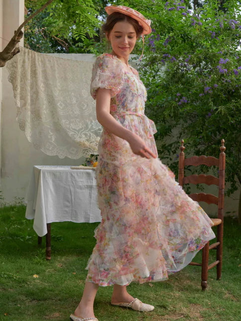 Blossom Whispers Ruffle Floral Puff Sleeve Dress