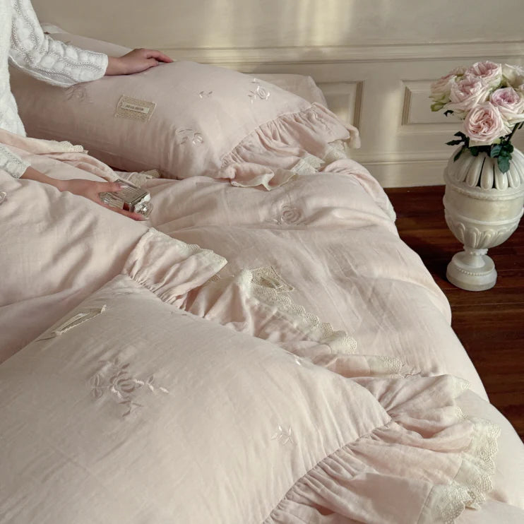 Pink Rose Embroidered Ruffle Bedding Set