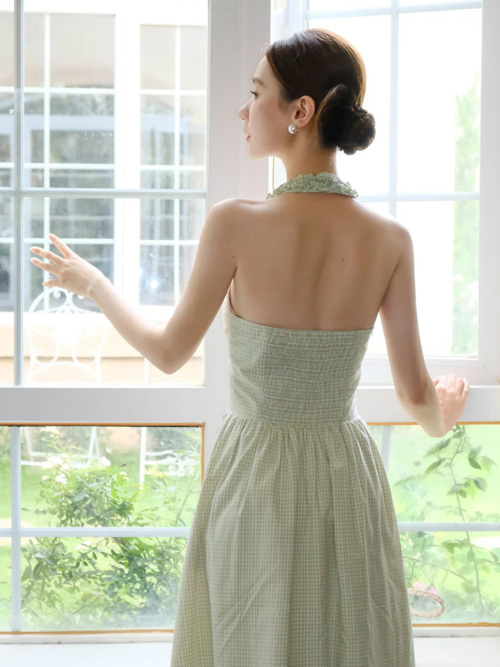 Romantic Green Gingham Halter Dress