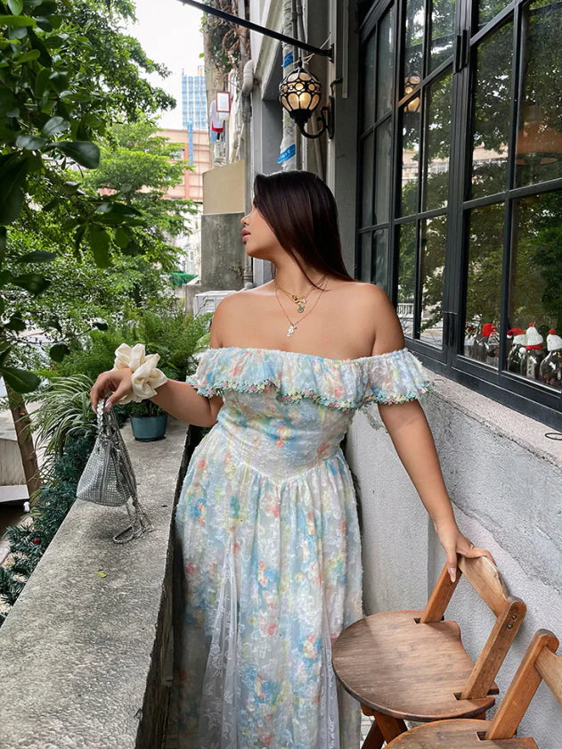 Pastel Garden Off-Shoulder Lace Dress