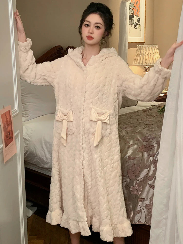 Cozy Winter Velvet Bow Hooded Robe