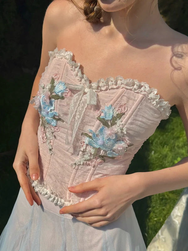 Pastel Bloom Embroidered Corset & Tulle Skirt