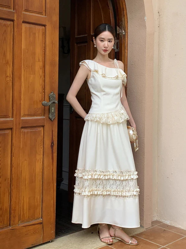 Ivory Ribbon Shoulder Ruffle Top & Skirt