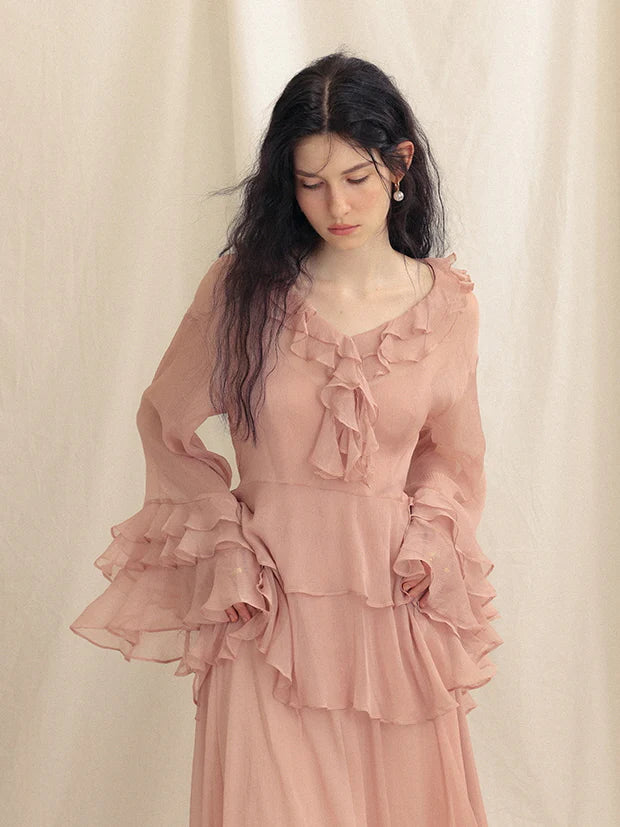 Whimsical Pink Ruffle Chiffon Blouse & Dress