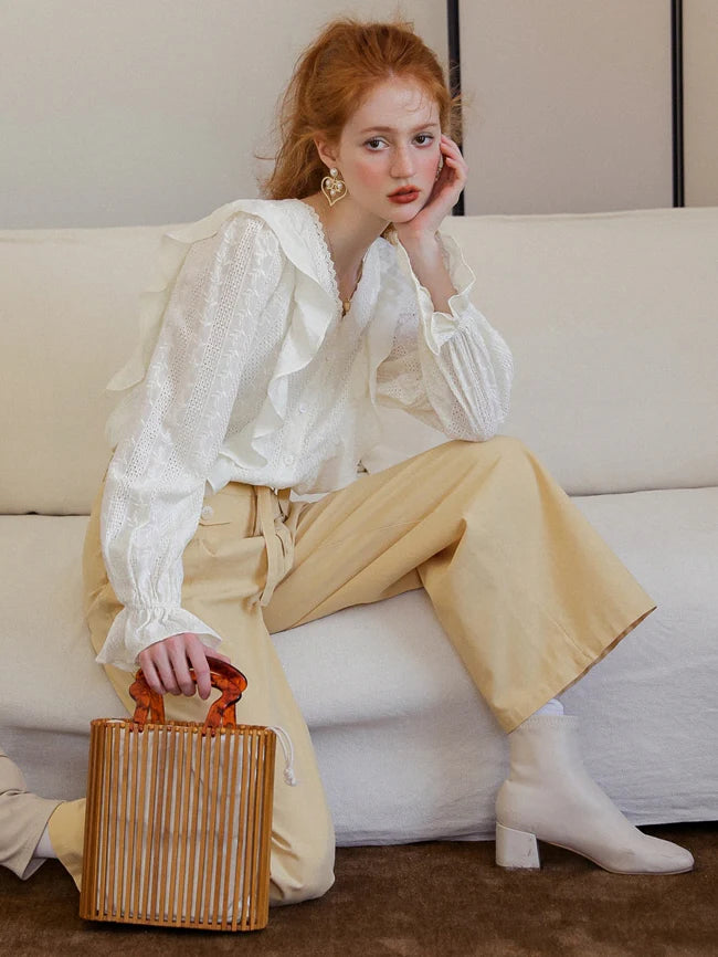 Romantic Lace-Trimmed Ruffle Blouse