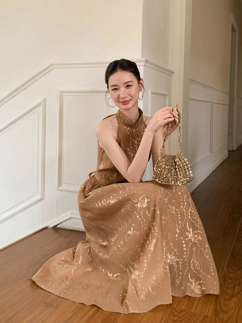 Golden Bloom Halter Dress
