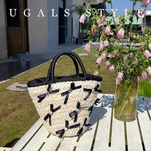 Summer Vacation Straw Ribbon Tote Bag