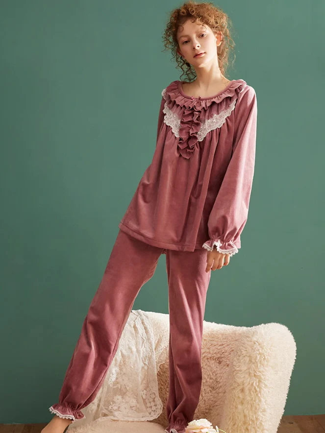 Velvet Reverie Ruffled Pajama Set
