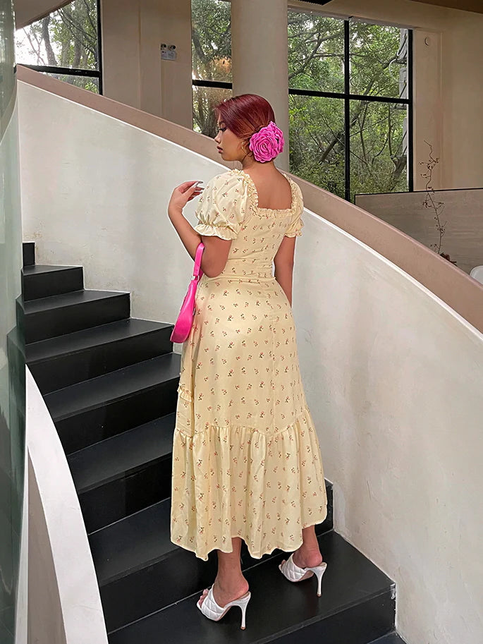 Lemon Blossom Ruffle Midi Dress