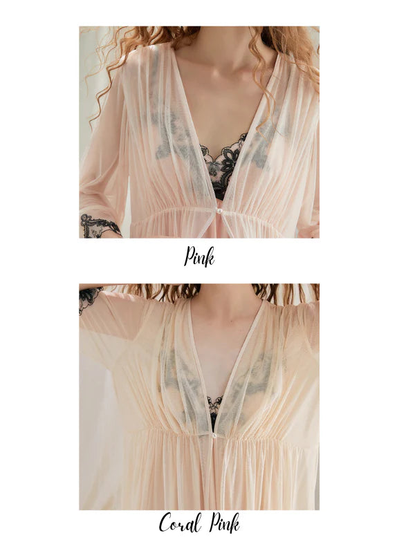 Ethereal Lace Trim Nightgown Set – Delicate Robe & Slip Dress