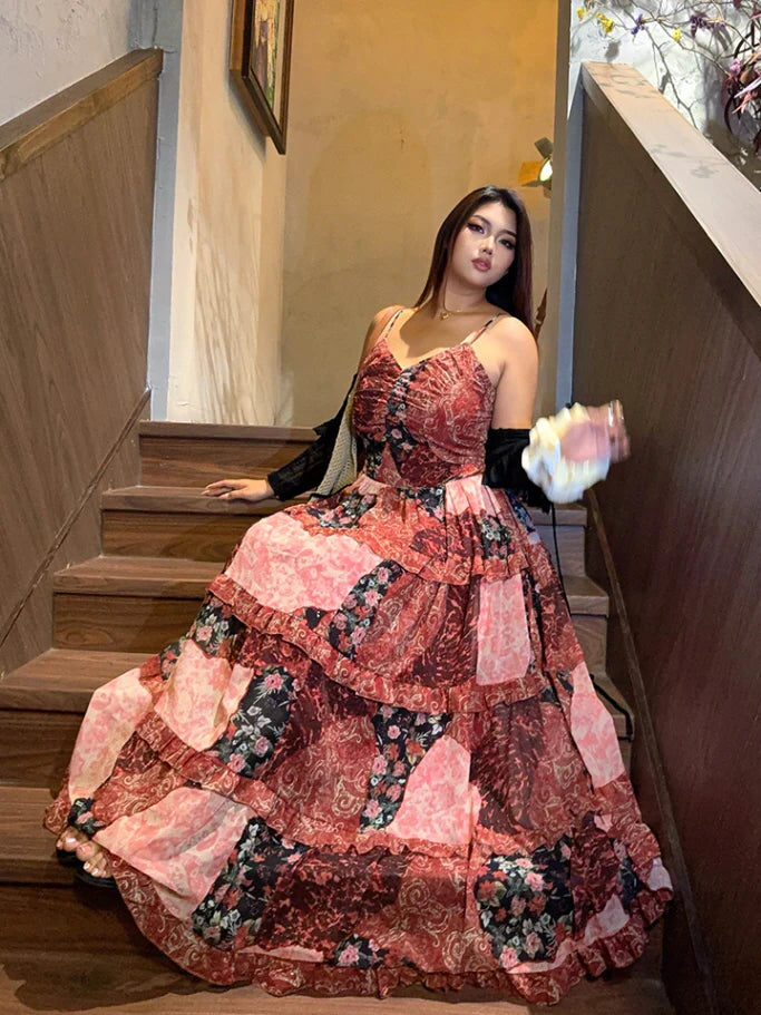 Rosy Patchwork Ruffle Maxi Dress