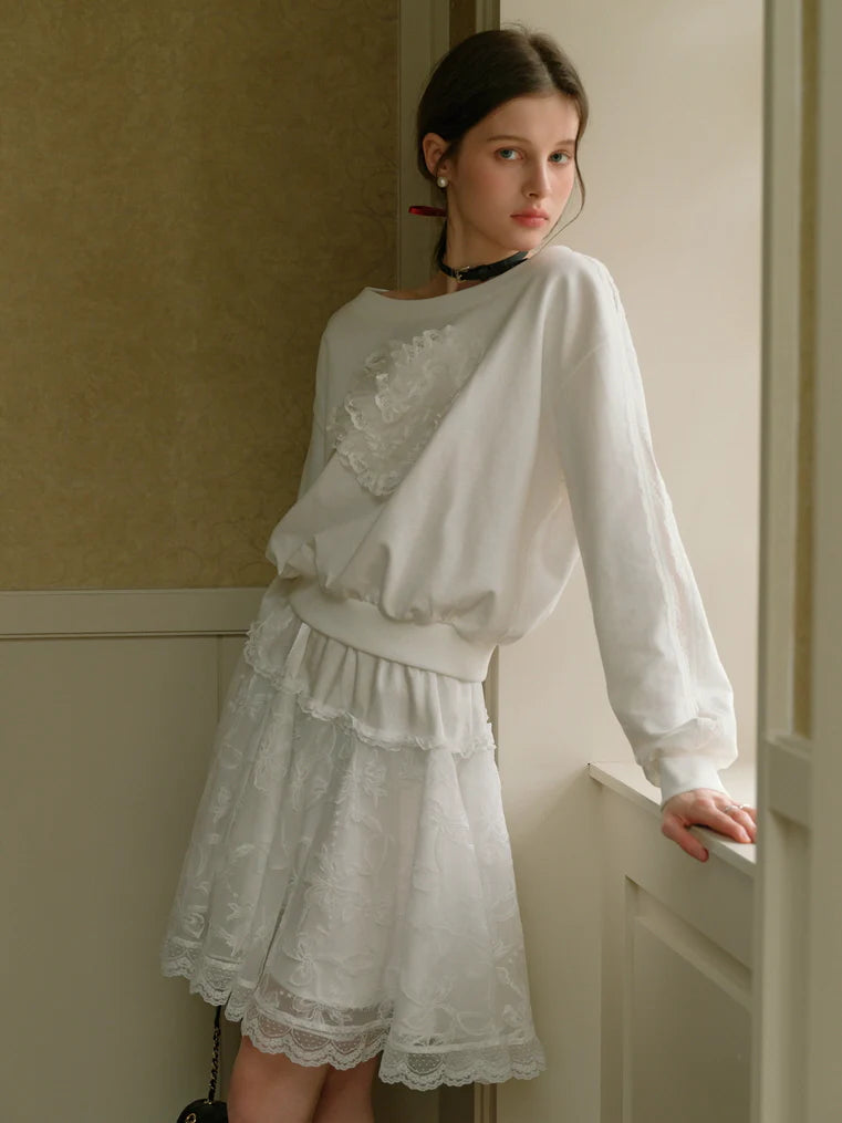 Coquette Lace Heart Off-Shoulder Sweatshirt