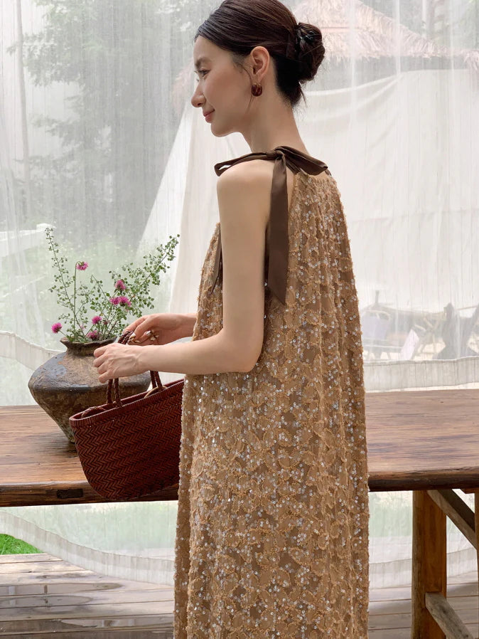 Golden Sequin Ribbon Strap Dress