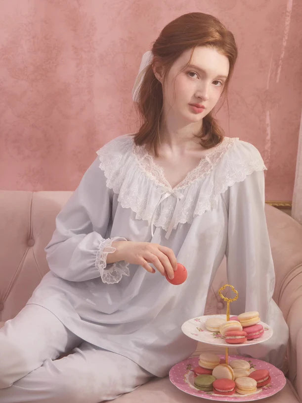 Graceful Lace Trim Cotton Pajama Set