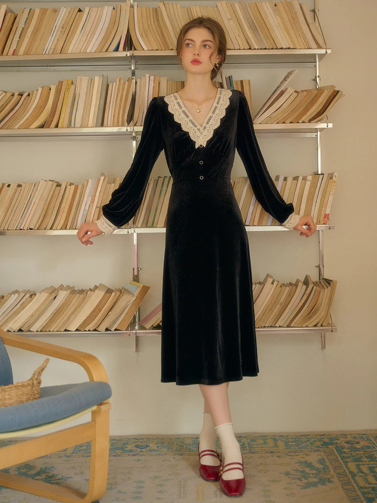 Lace Trim Vintage Velvet Elegance Dress