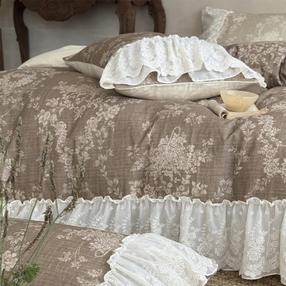 Brown Floral Lace Ruffle Bedding Set