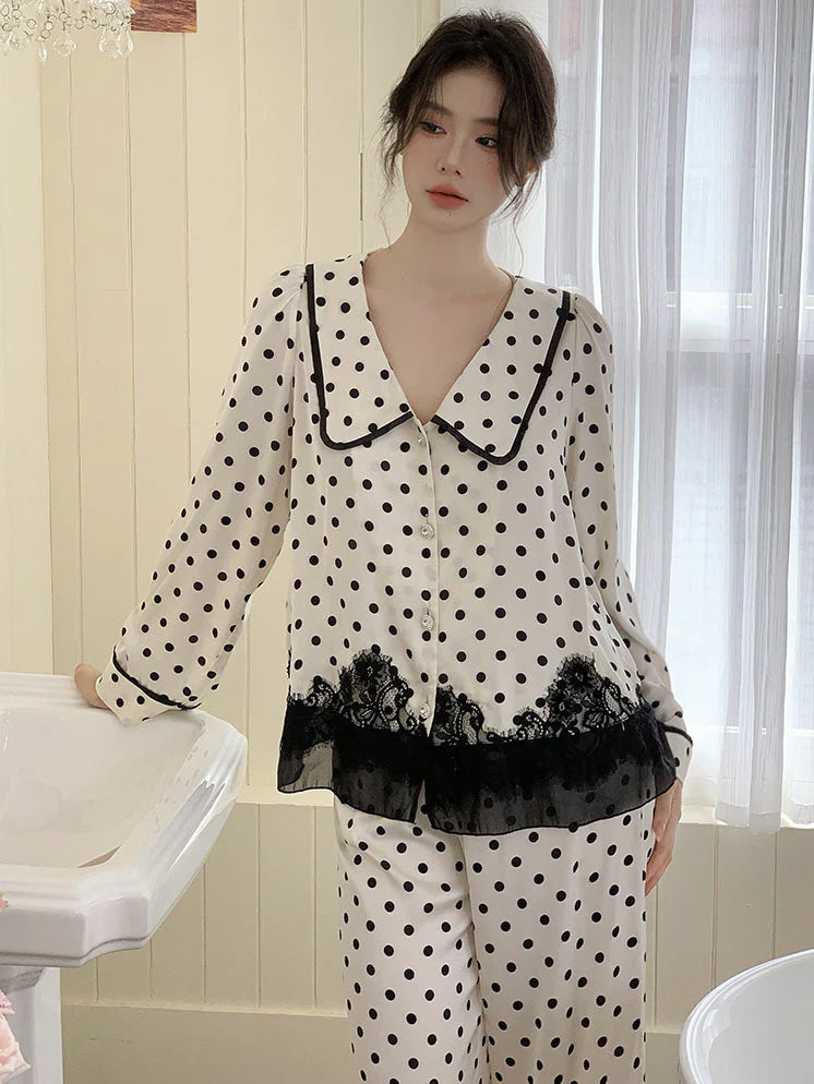Polka Dot Lace-Trim Pajama Set