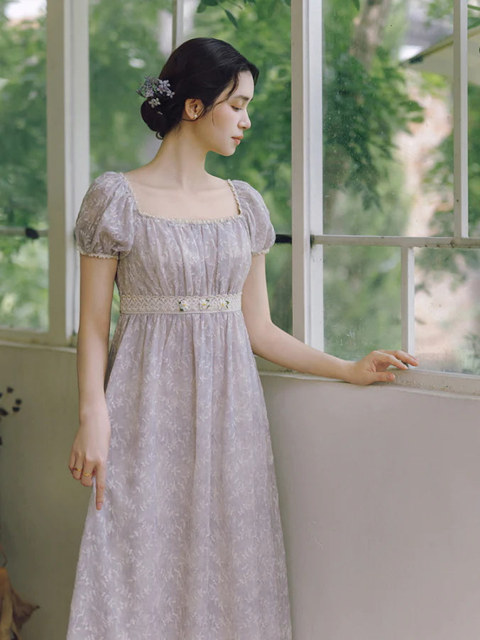Lavender Bloom Embroidered Waist Dress