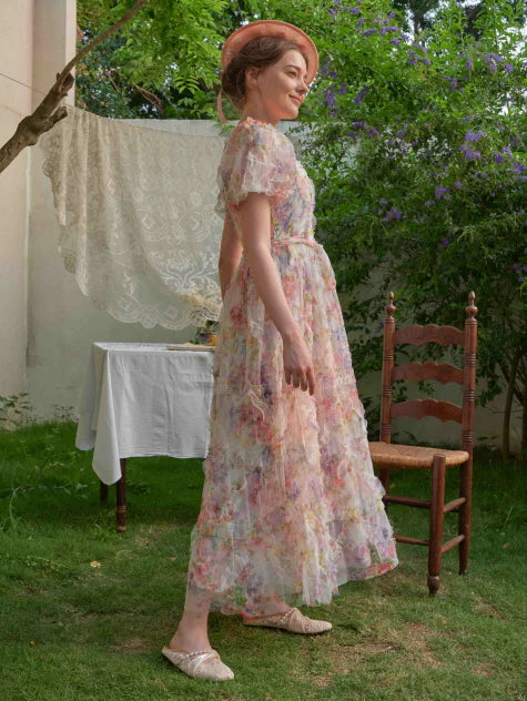 Blossom Whispers Ruffle Floral Puff Sleeve Dress