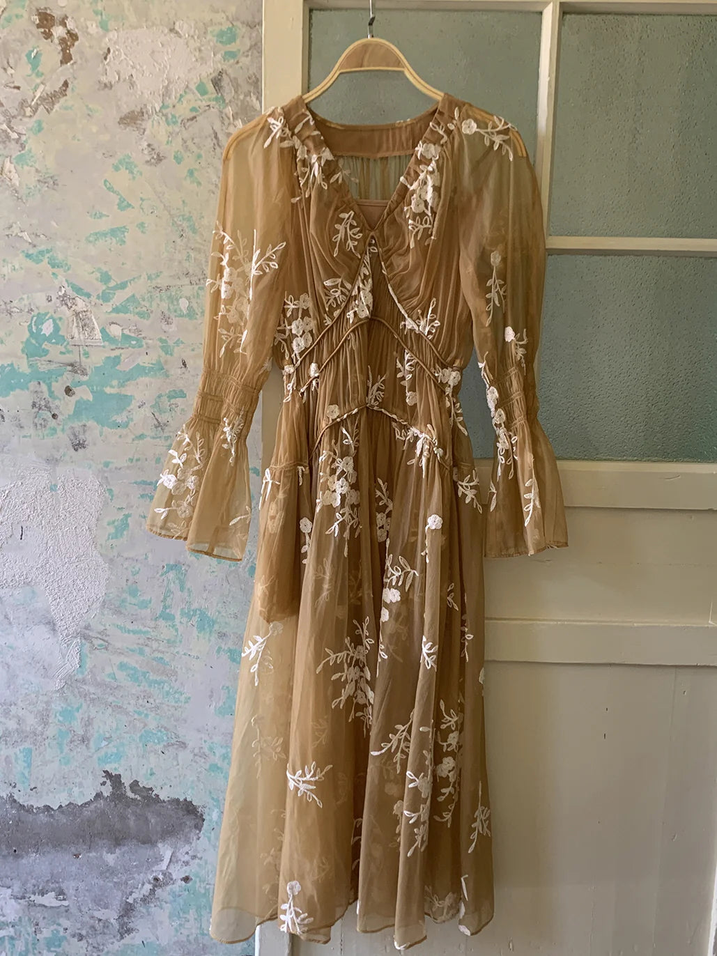 Golden Bloom Embroidered Sheer Dress