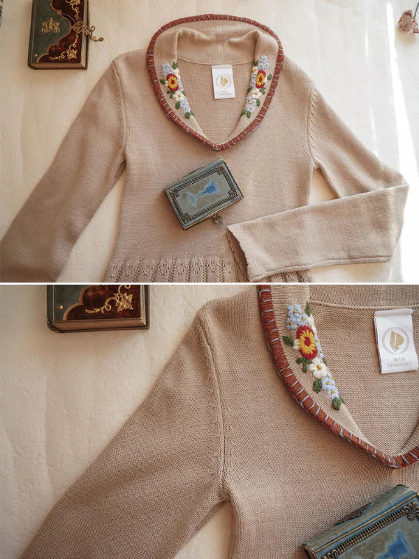 Warm Beige Elegance Floral Knit Dress