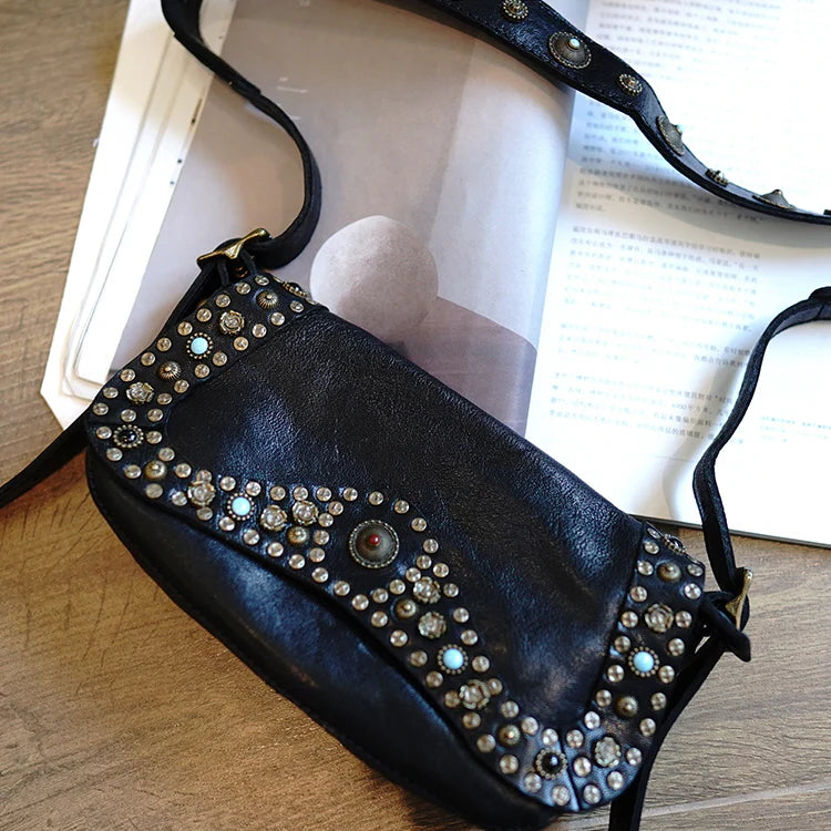 Studded Bohemian Genuine Leather Crossbody Bag
