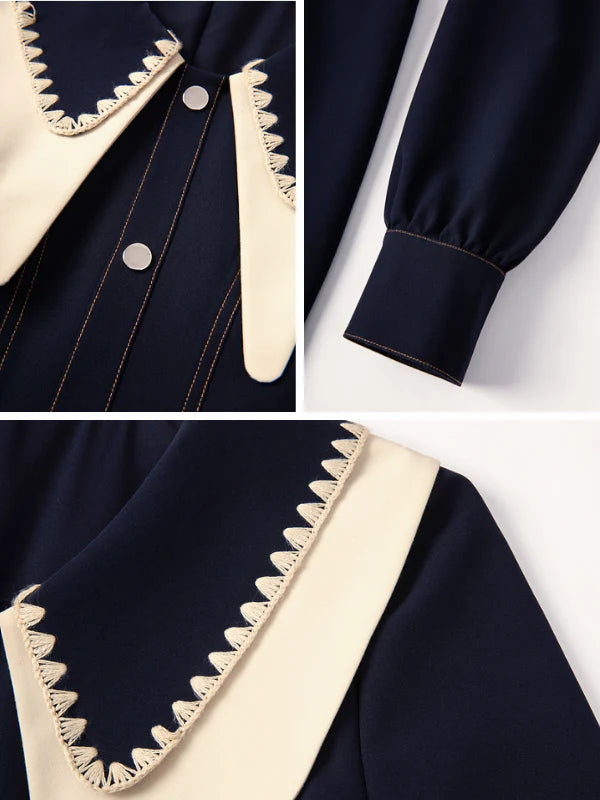 Navy Elegance Vintage Collar Dress