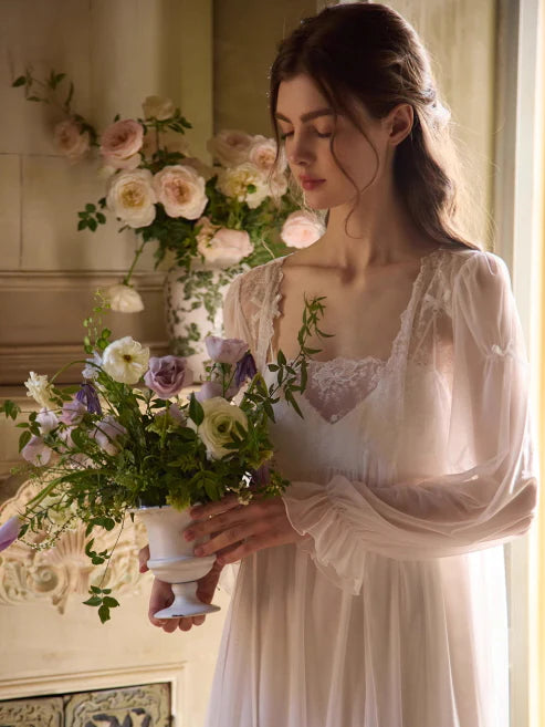 Sheer Veil White Lace Princess Nightgown