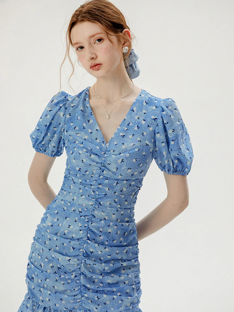 Blue Blossom Ruched Dress