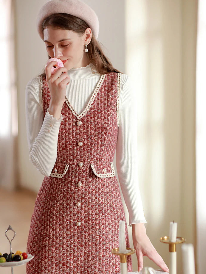 Elegant Red Tweed Pearl Button Dress