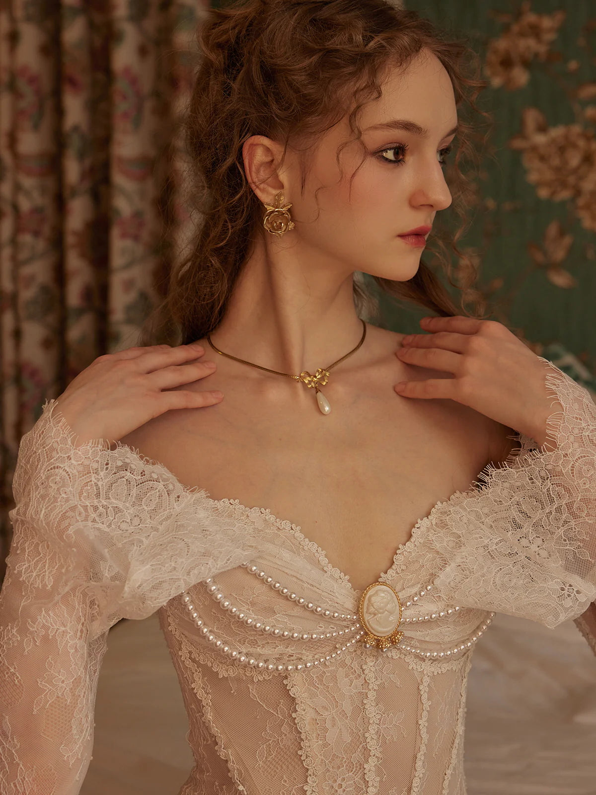 Victorian Elegance Off-Shoulder Lace Gown