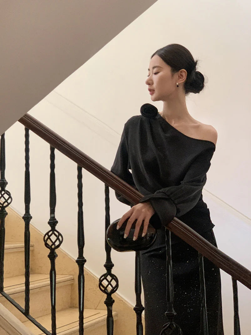 Off-Shoulder Flower Accent Blouse