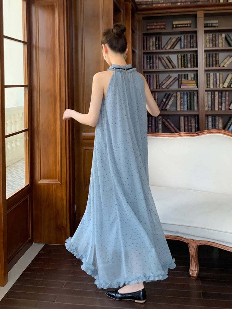 Blue Polka Dot Halter Maxi Dress