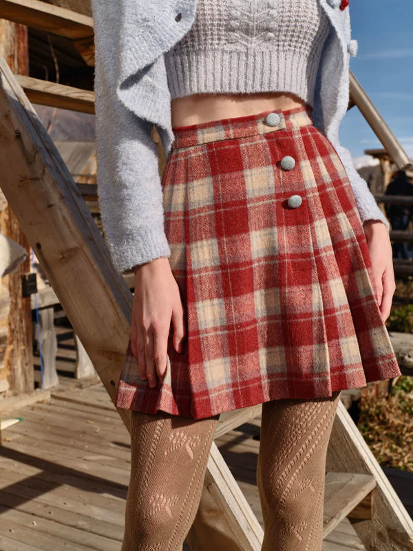Adorable Red Checkered Pleats Skirt