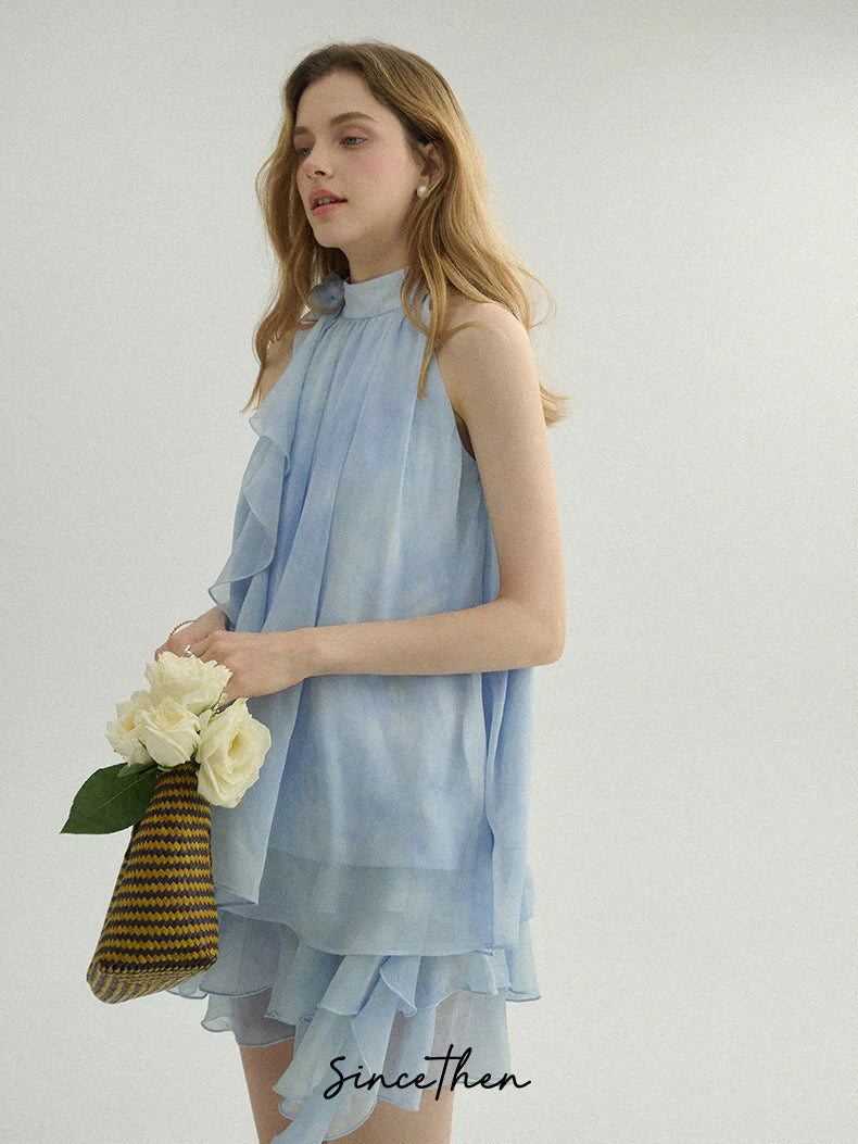 Ethereal Blue Ruffle Rose Halter Top