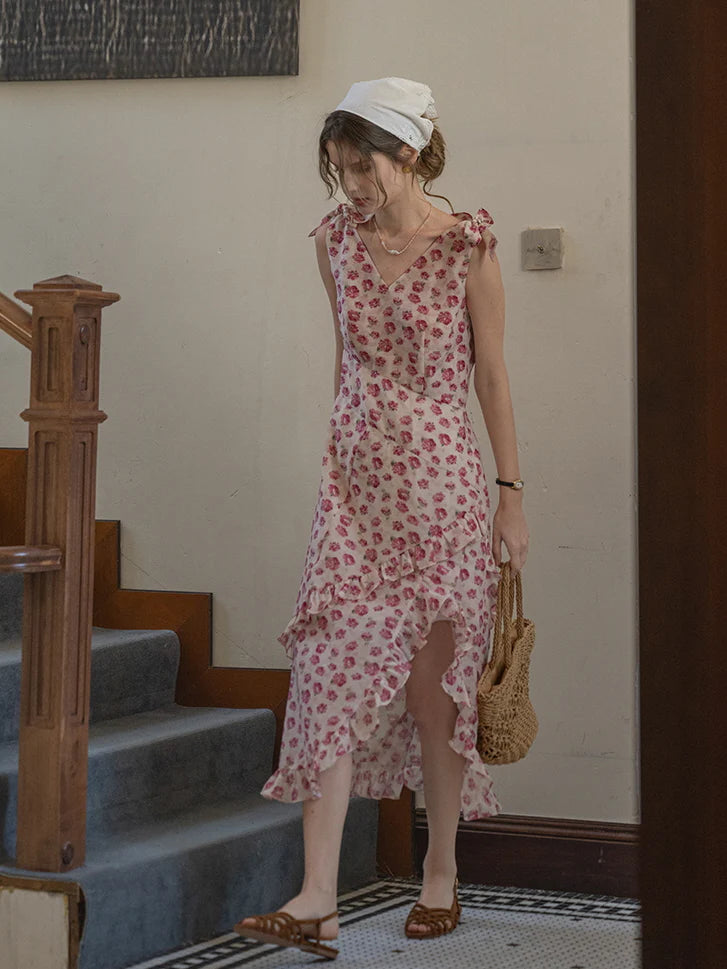 Romantic Rose Garden Ruffled Wrap Dress