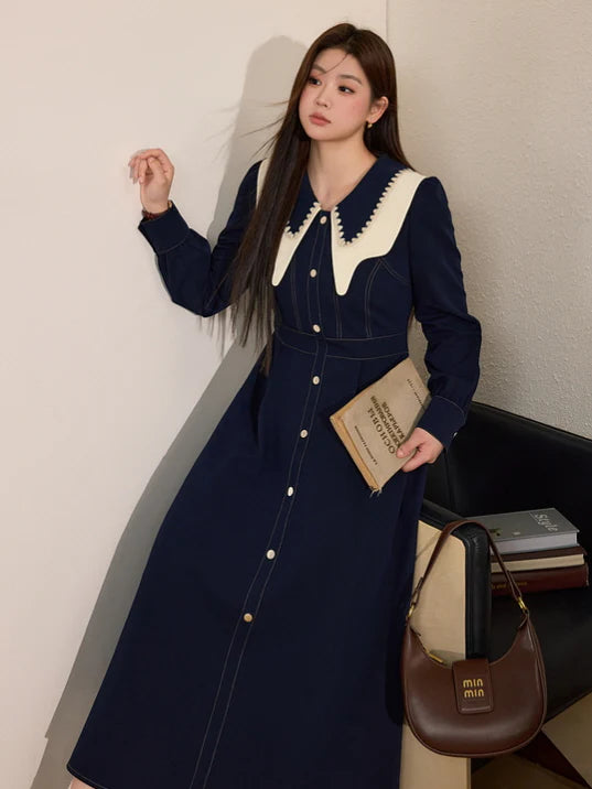Navy Elegance Vintage Collar Dress