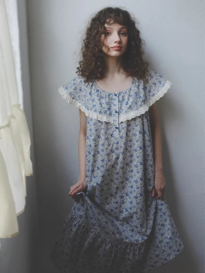 Blue Blossom Ruffle Cotton Nightgown